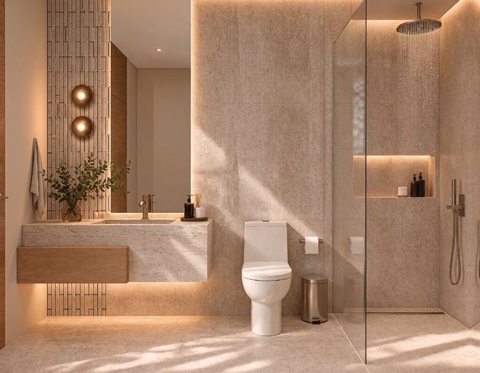 Baño con ducha de lluvia y mueble flotante