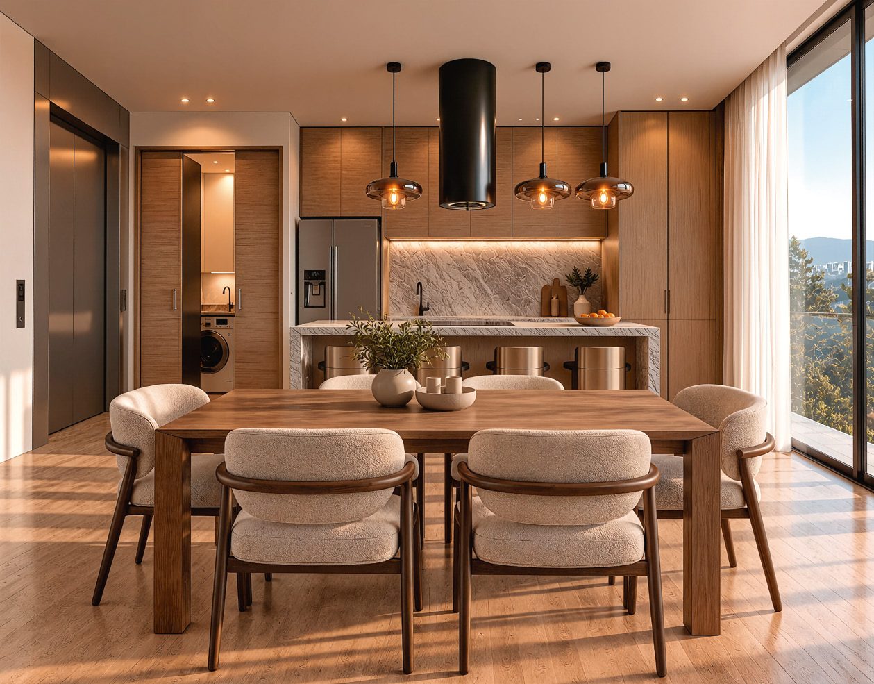 Cocina con isla de mármol y comedor junto al ventanal