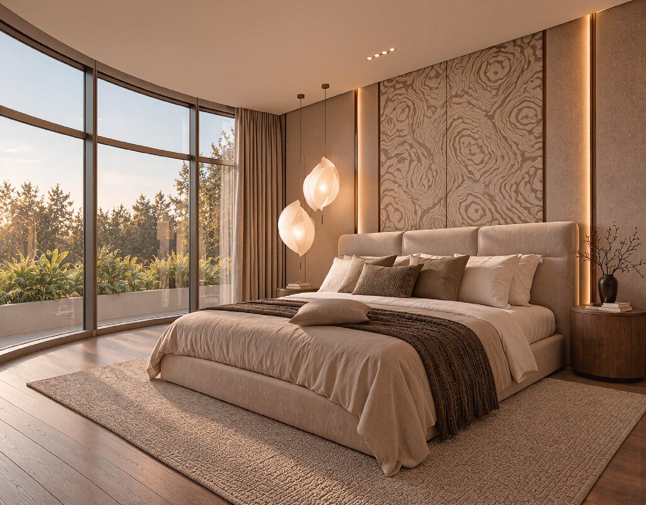 Dormitorio principal con ventanal curvo