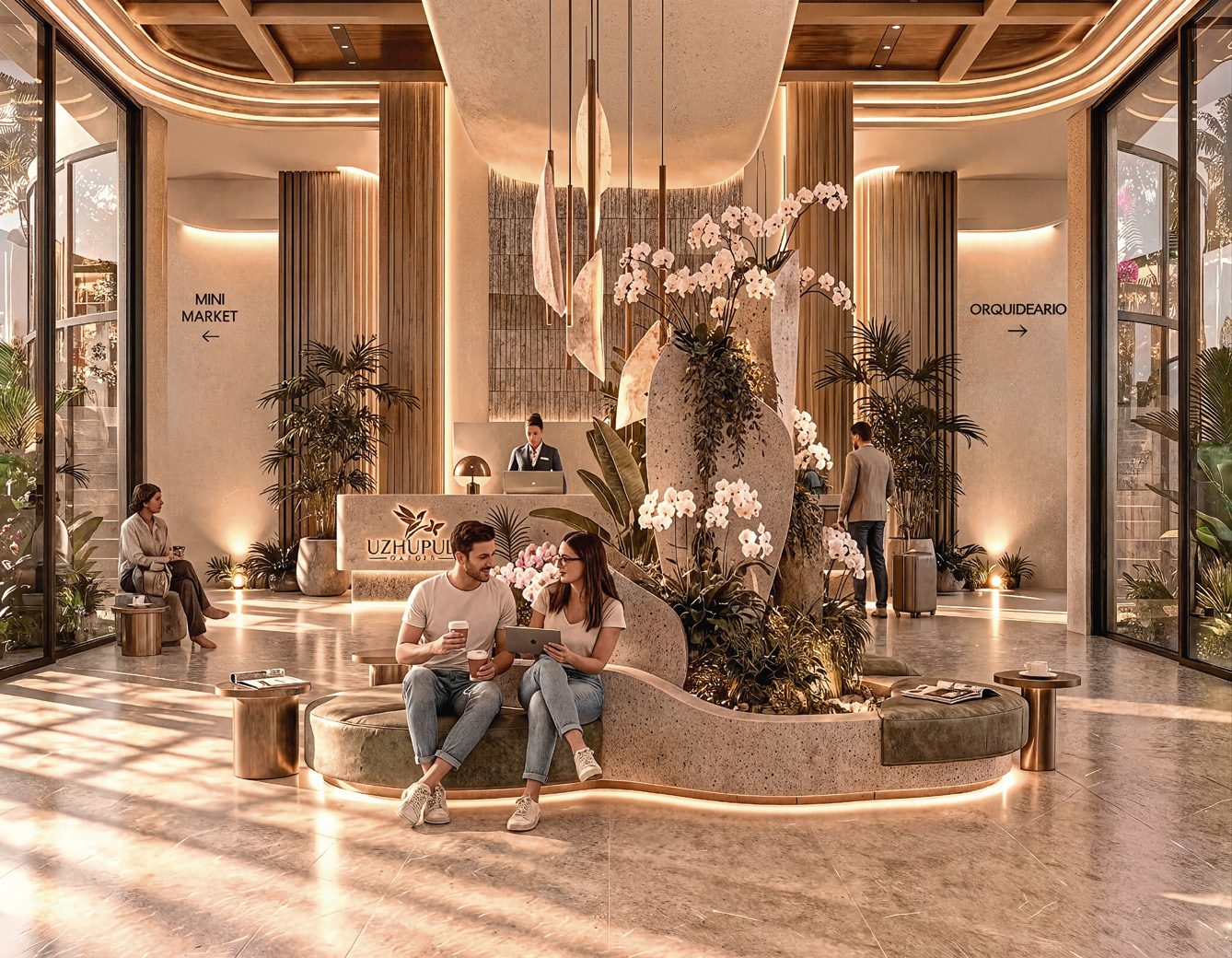 Lobby con jardín de orquídeas y recepción