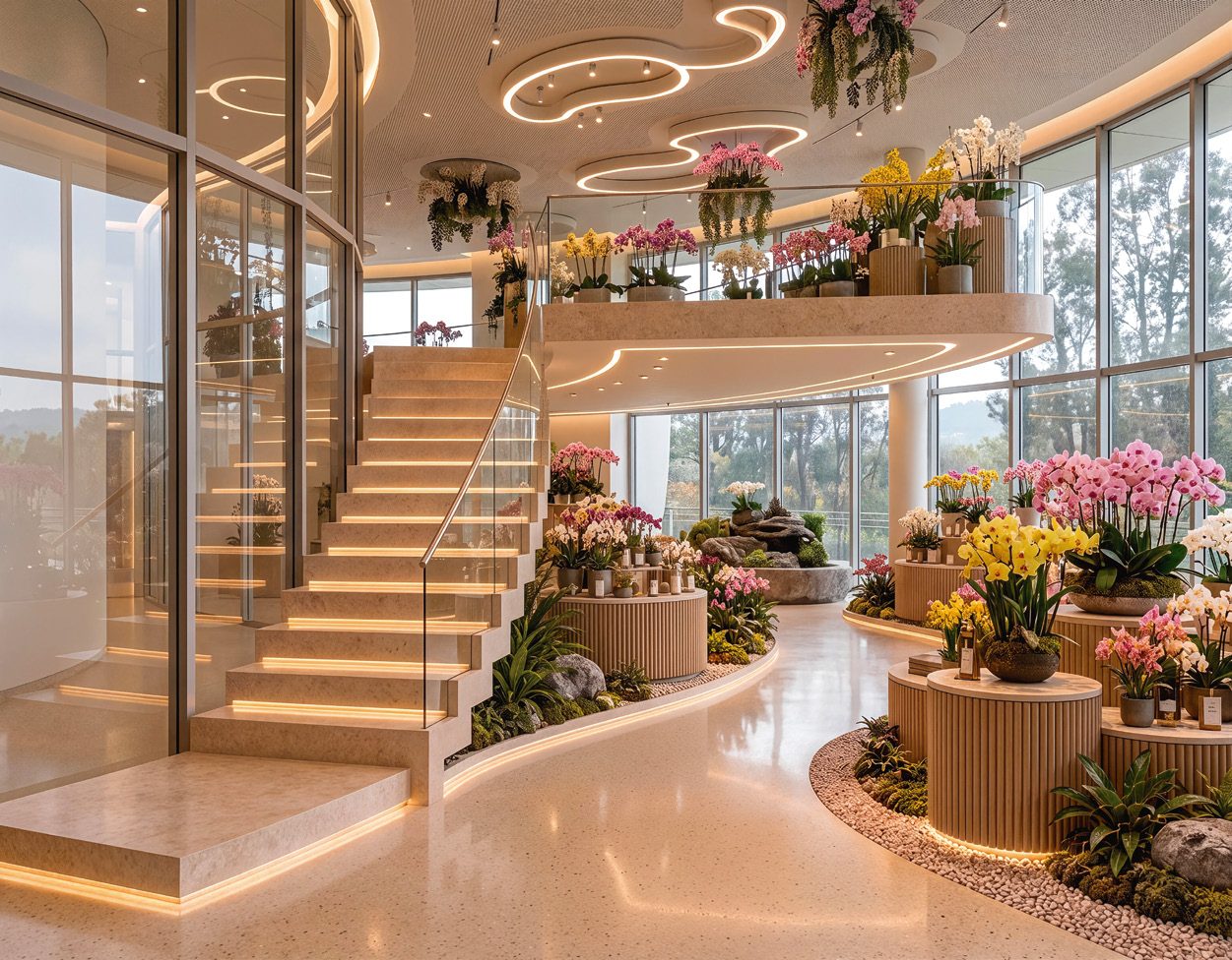 Orquideario con escalera y orquídeas de colores
