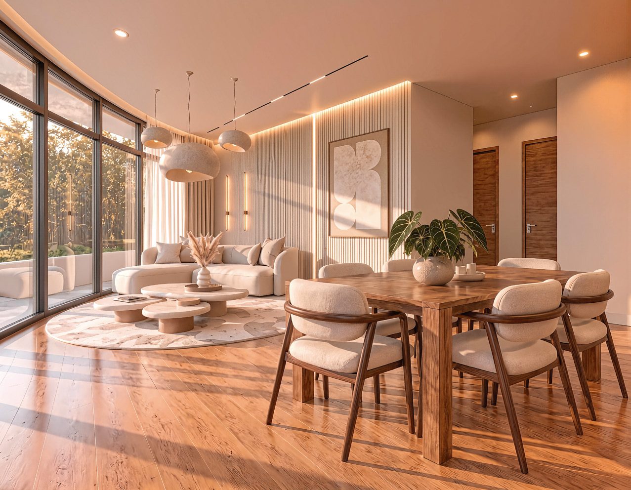 Sala y comedor amplios con ventanales de piso a techo
