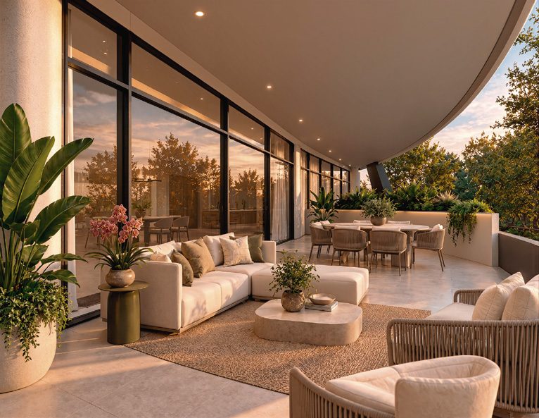 Terraza con sala exterior y comedor