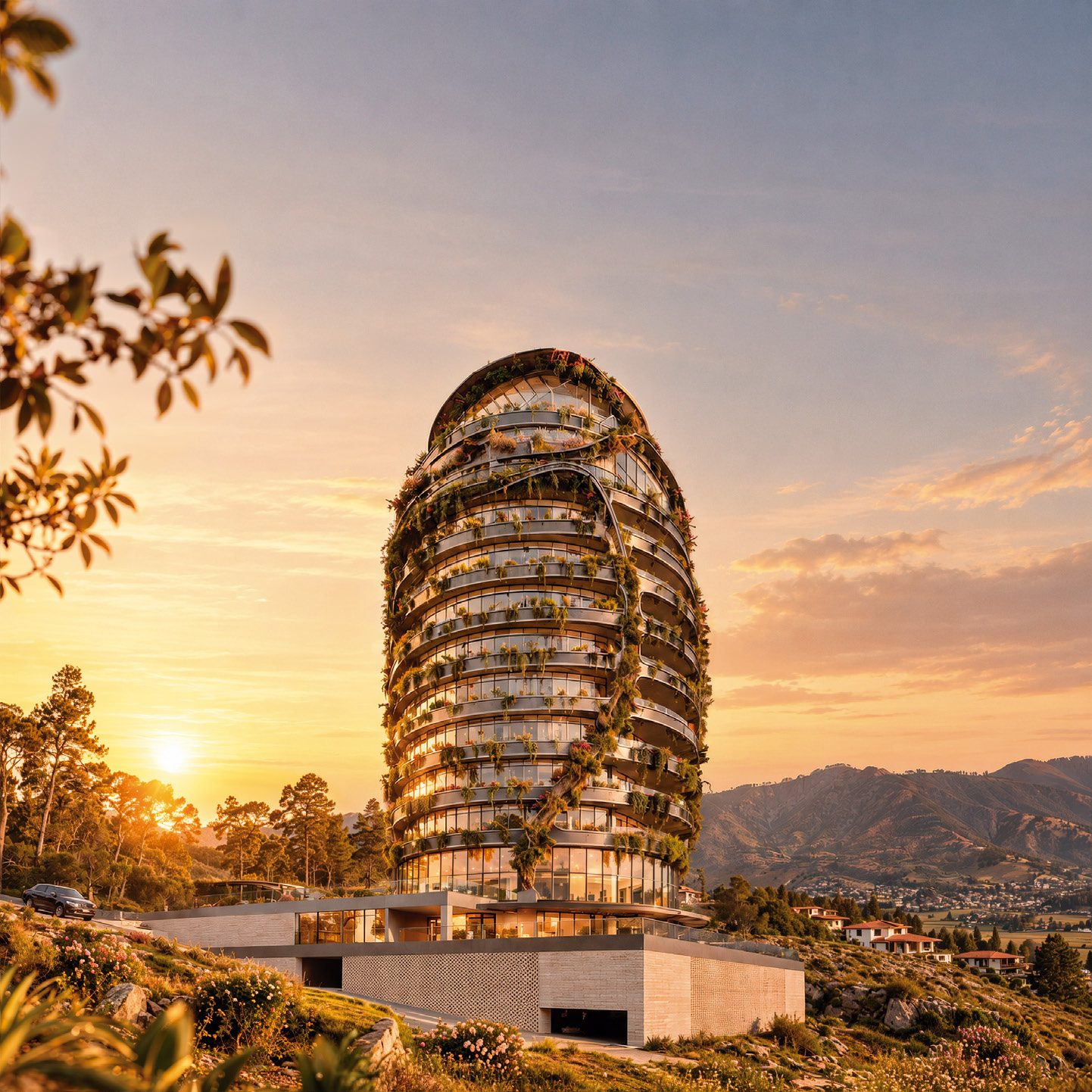 Render de la torre Uzhupud Sky Garden al atardecer, con vegetación en cada piso